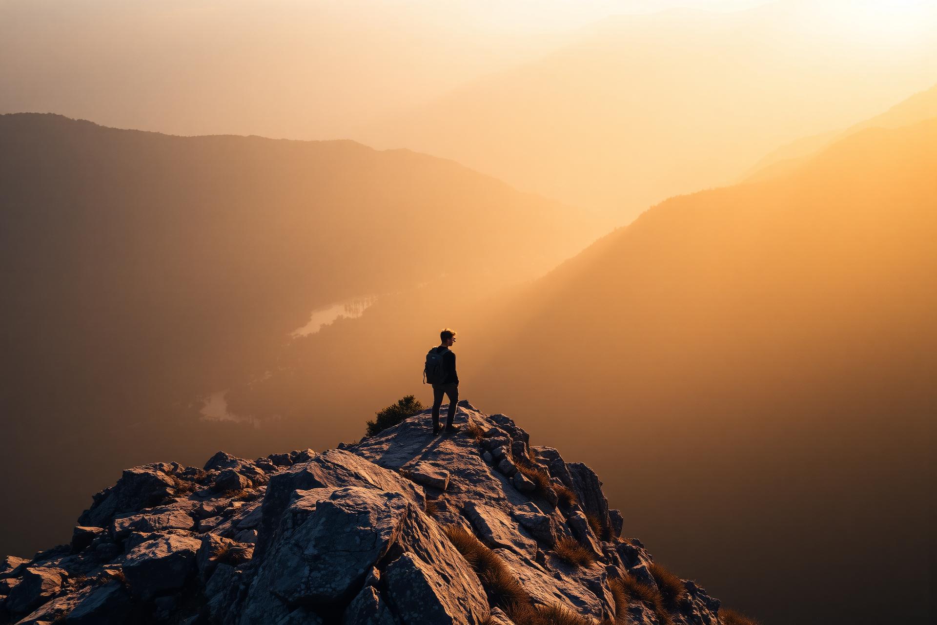 Traveler at sunrise overlooking a mountain valley